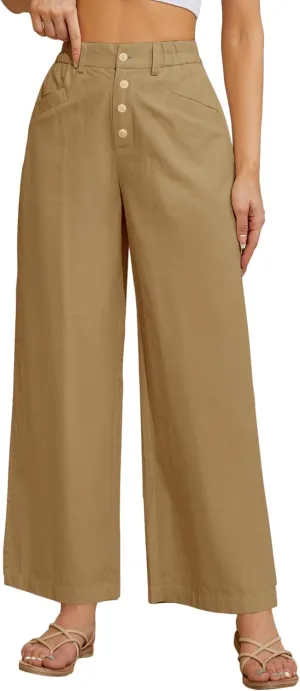 Women's High Waist Pants Wide Leg Baggy Casual Button Down Loose Comfy Lounge Trousers with Pockets