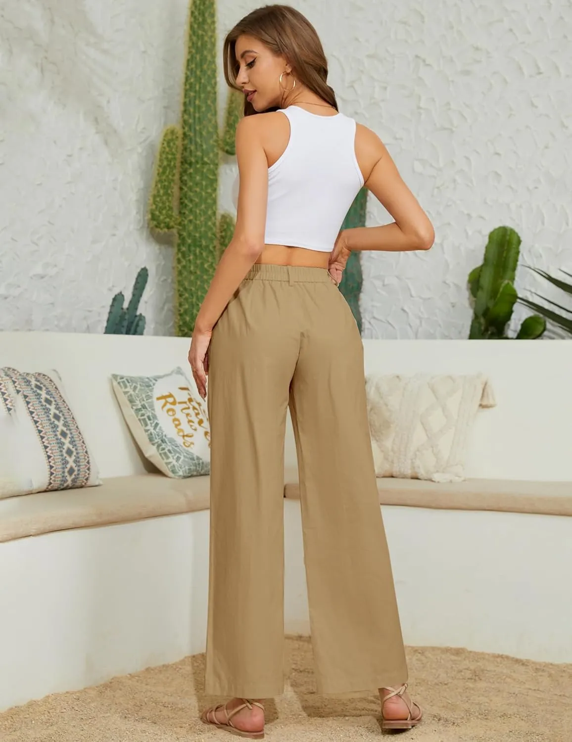 Women's High Waist Pants Wide Leg Baggy Casual Button Down Loose Comfy Lounge Trousers with Pockets