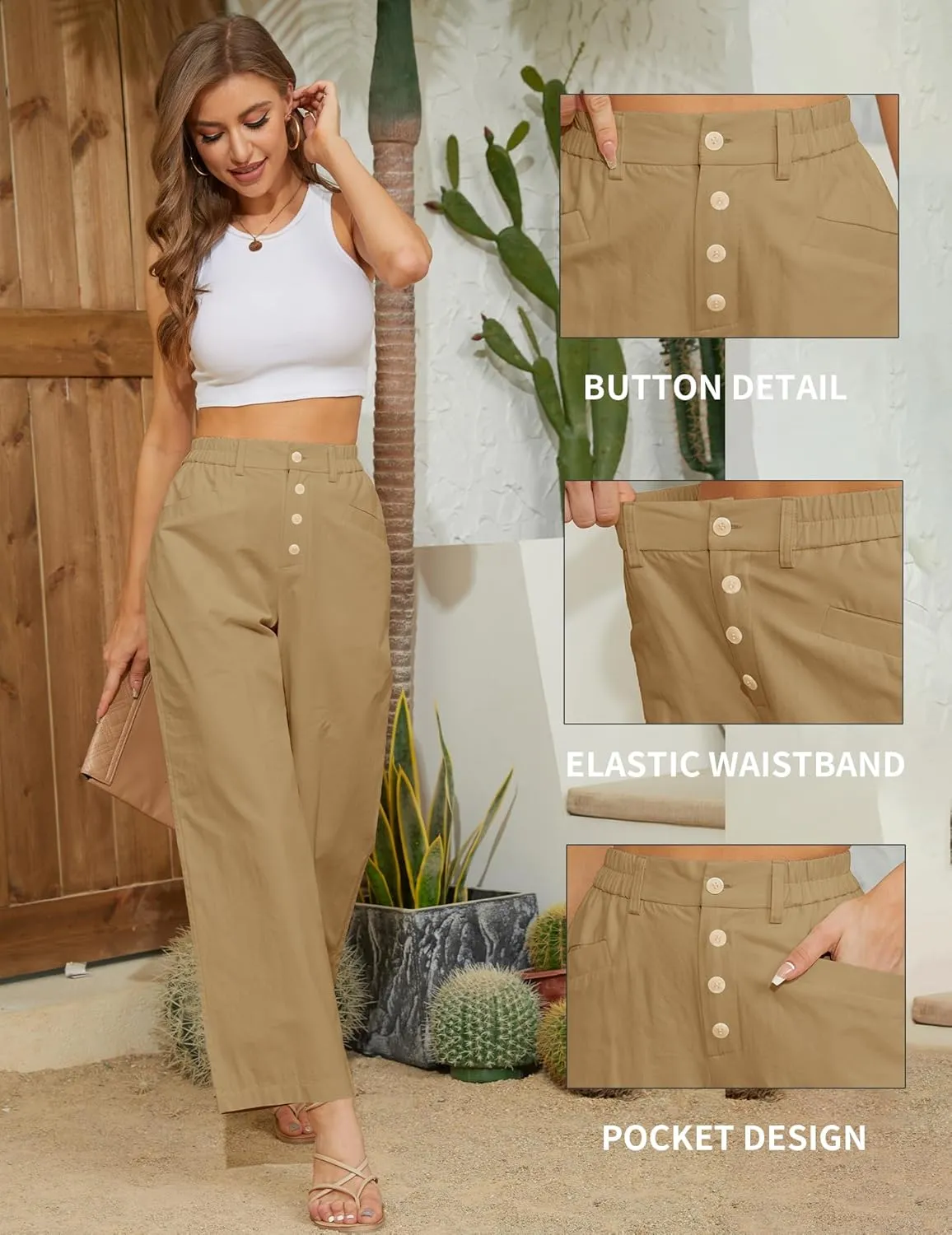 Women's High Waist Pants Wide Leg Baggy Casual Button Down Loose Comfy Lounge Trousers with Pockets