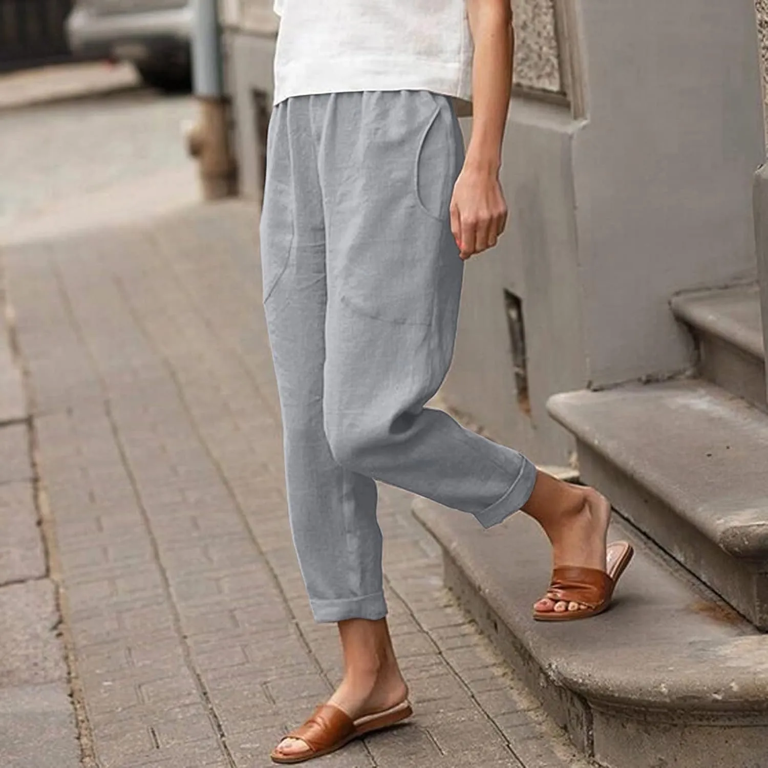 Women's Linen Summer Y2K Streetwear Pants High Waist Baggy Stretchy Loose Fit Pants Trendy