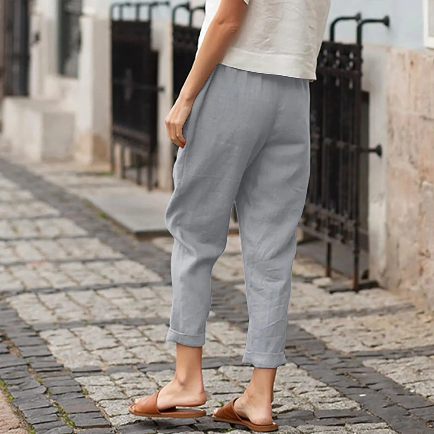 Women's Linen Summer Y2K Streetwear Pants High Waist Baggy Stretchy Loose Fit Pants Trendy