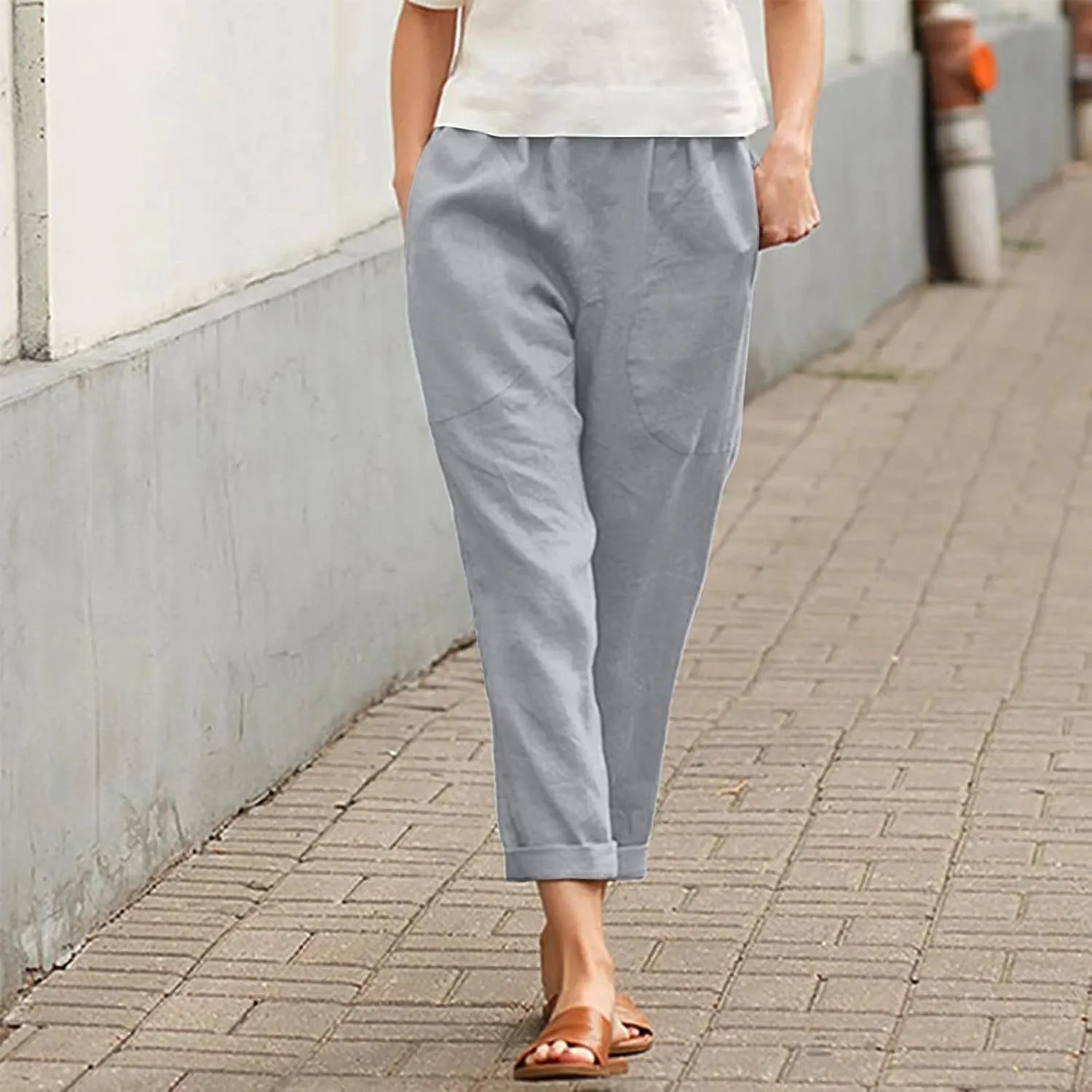 Women's Linen Summer Y2K Streetwear Pants High Waist Baggy Stretchy Loose Fit Pants Trendy