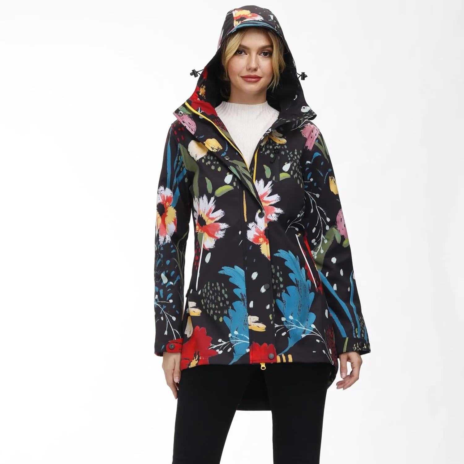 Womens Long Raincoat Waterproof Windbreaker Floral Print Softshell Trench Coat US Size S-2XL