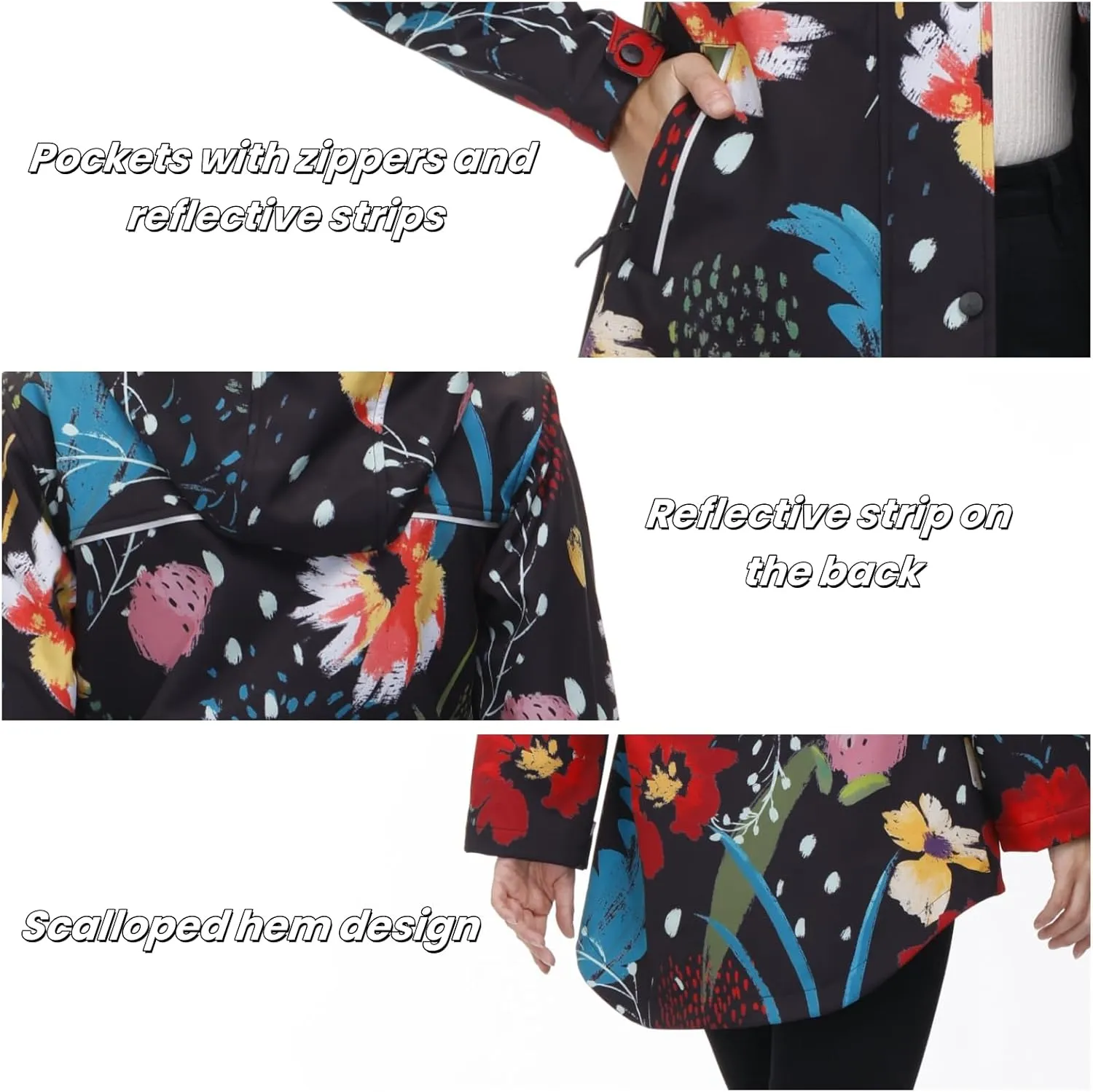 Womens Long Raincoat Waterproof Windbreaker Floral Print Softshell Trench Coat US Size S-2XL