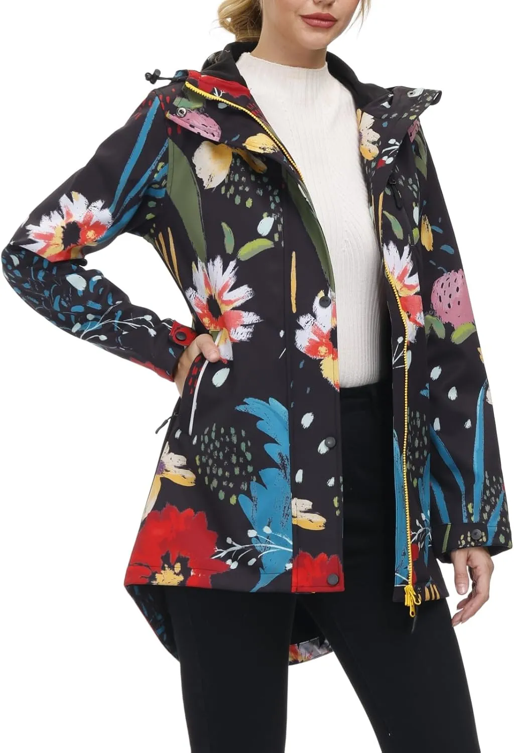 Womens Long Raincoat Waterproof Windbreaker Floral Print Softshell Trench Coat US Size S-2XL