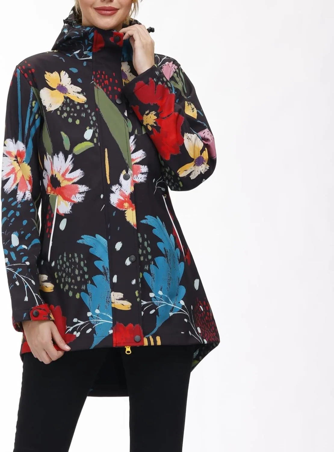 Womens Long Raincoat Waterproof Windbreaker Floral Print Softshell Trench Coat US Size S-2XL