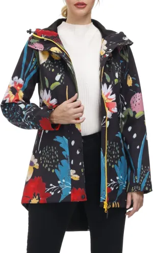 Womens Long Raincoat Waterproof Windbreaker Floral Print Softshell Trench Coat US Size S-2XL
