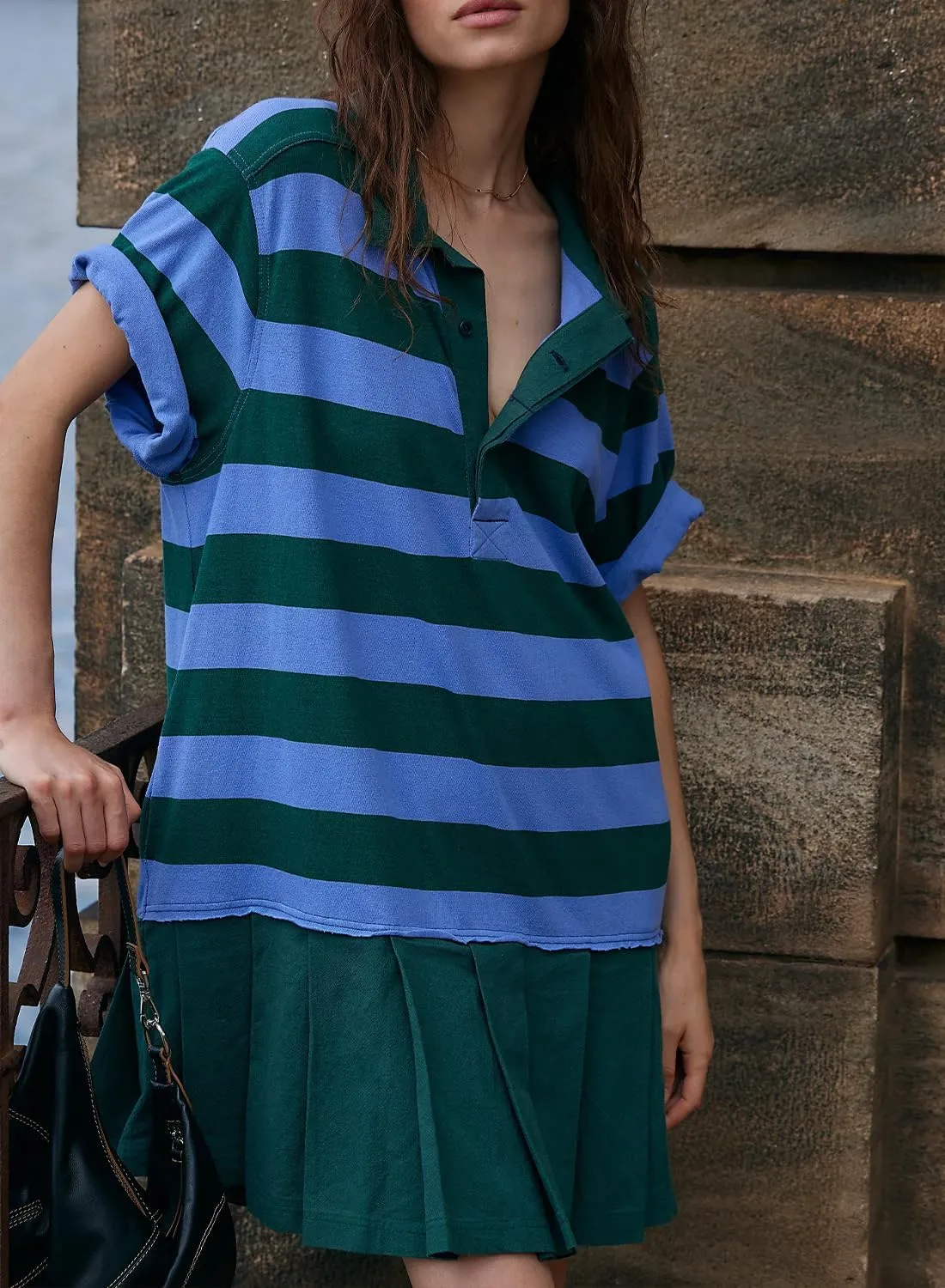 Womens Striped Dress Casual Button Up V Neck Dress Striped Shirt Pleated Skirt with Pockets