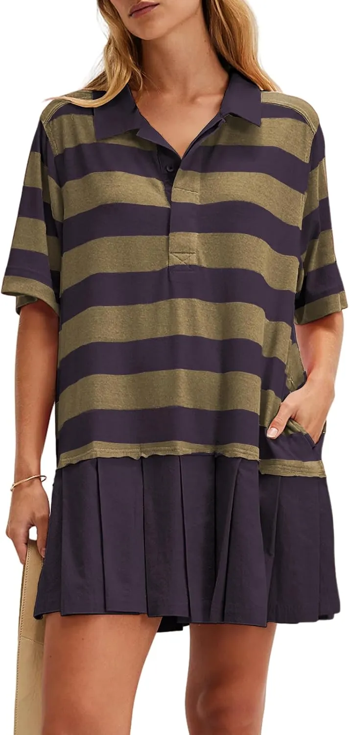 Womens Striped Dress Casual Button Up V Neck Dress Striped Shirt Pleated Skirt with Pockets