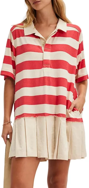 Womens Striped Dress Casual Button Up V Neck Dress Striped Shirt Pleated Skirt with Pockets