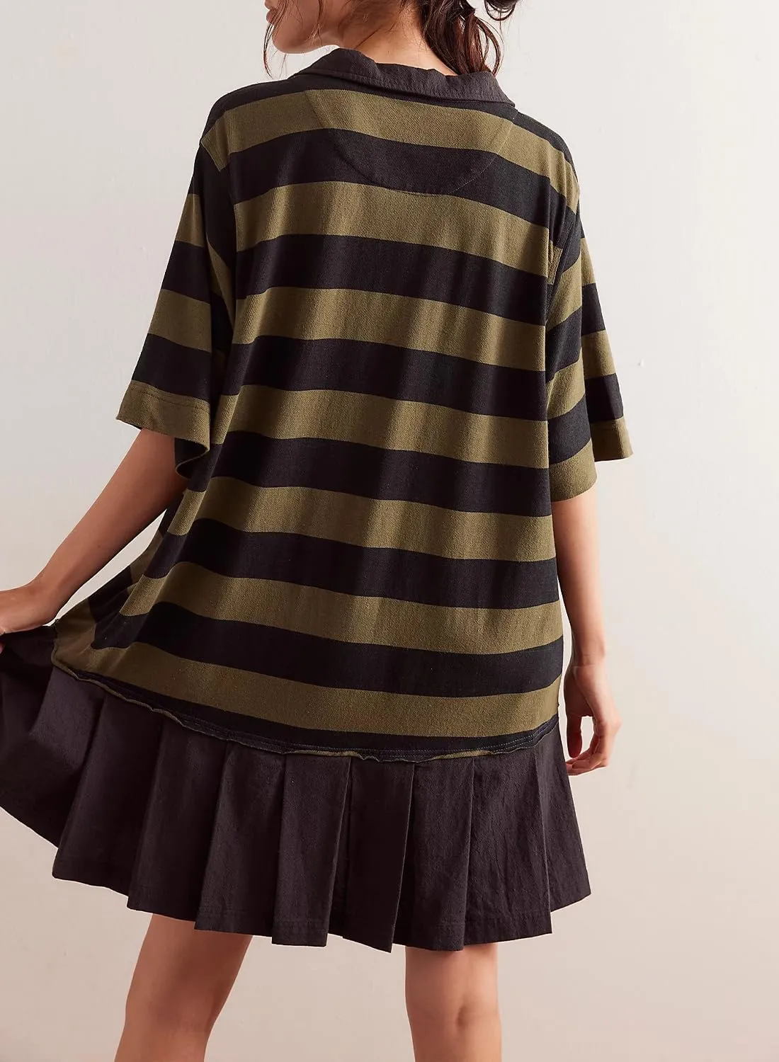 Womens Striped Dress Casual Button Up V Neck Dress Striped Shirt Pleated Skirt with Pockets