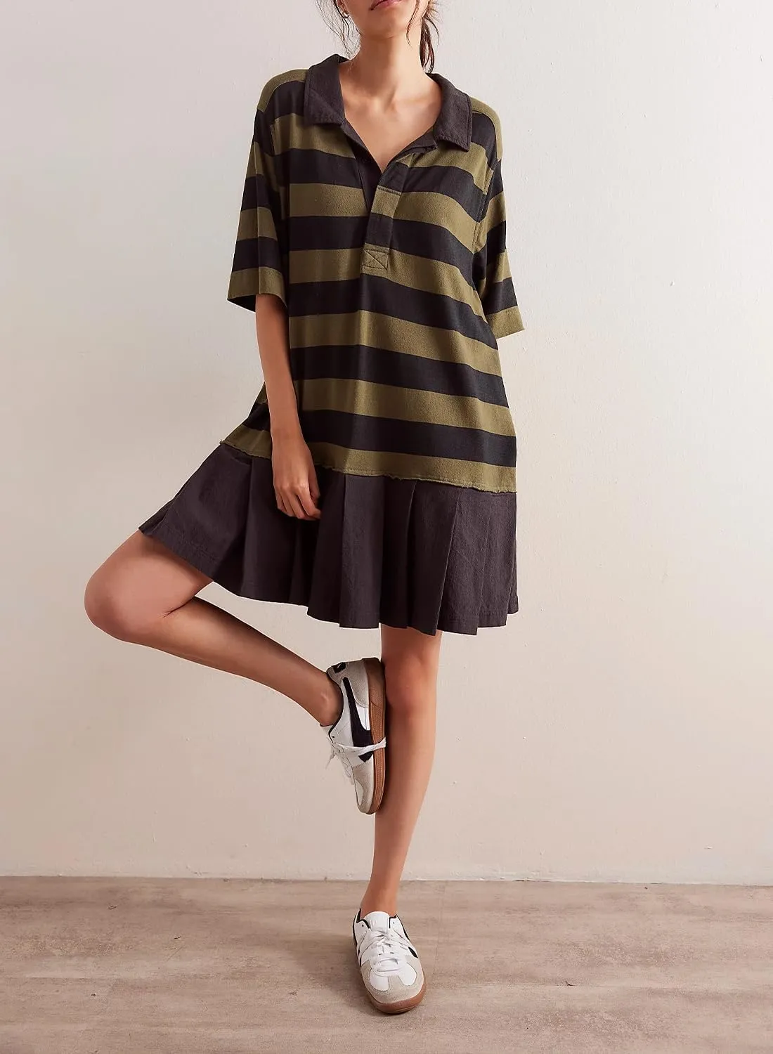 Womens Striped Dress Casual Button Up V Neck Dress Striped Shirt Pleated Skirt with Pockets