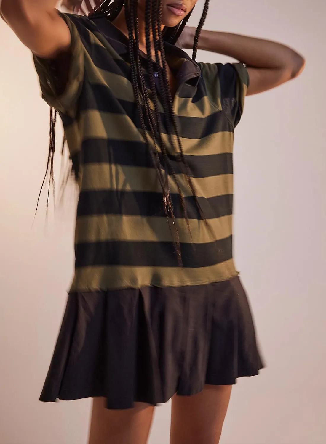 Womens Striped Dress Casual Button Up V Neck Dress Striped Shirt Pleated Skirt with Pockets