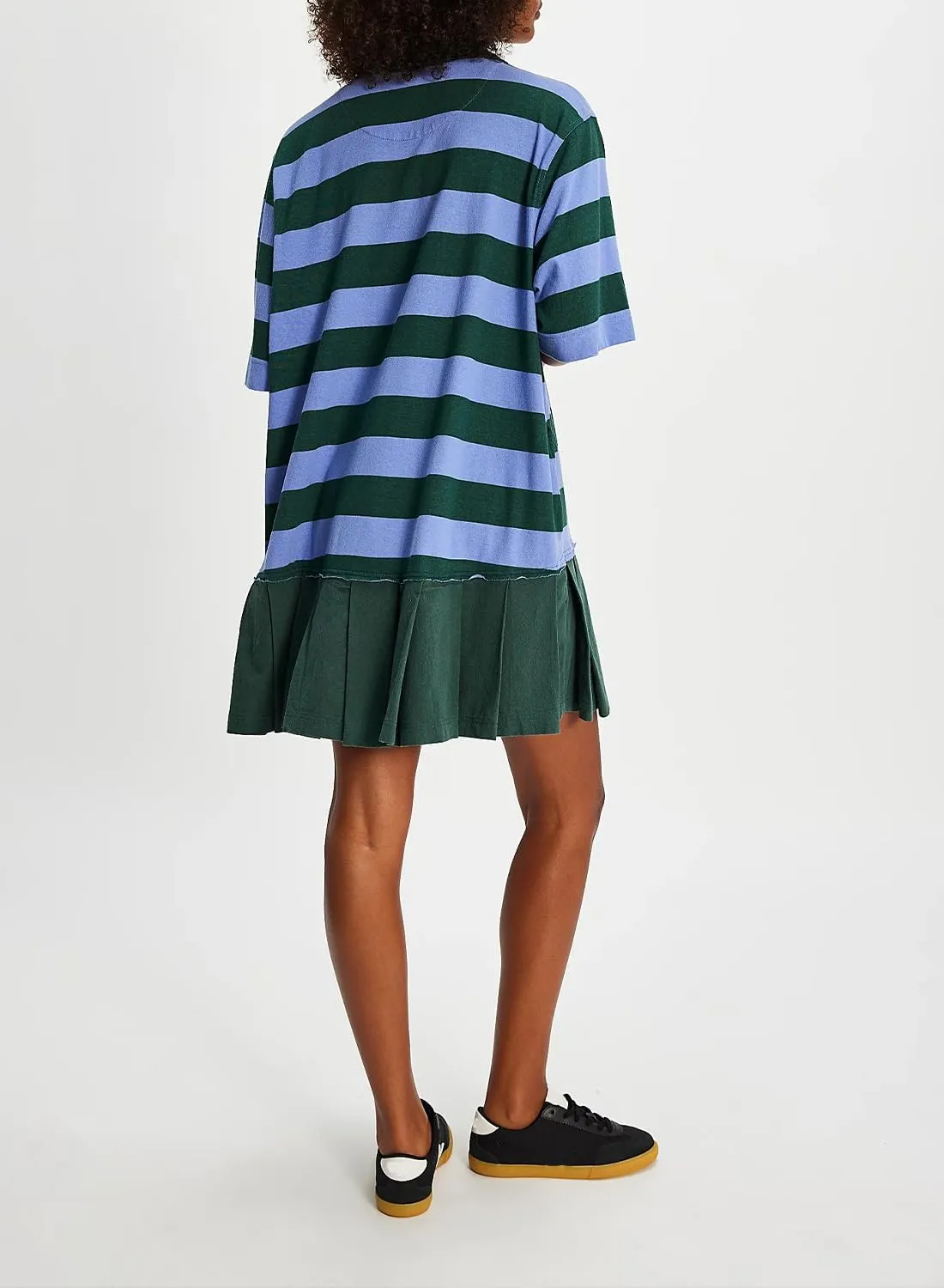 Womens Striped Dress Casual Button Up V Neck Dress Striped Shirt Pleated Skirt with Pockets