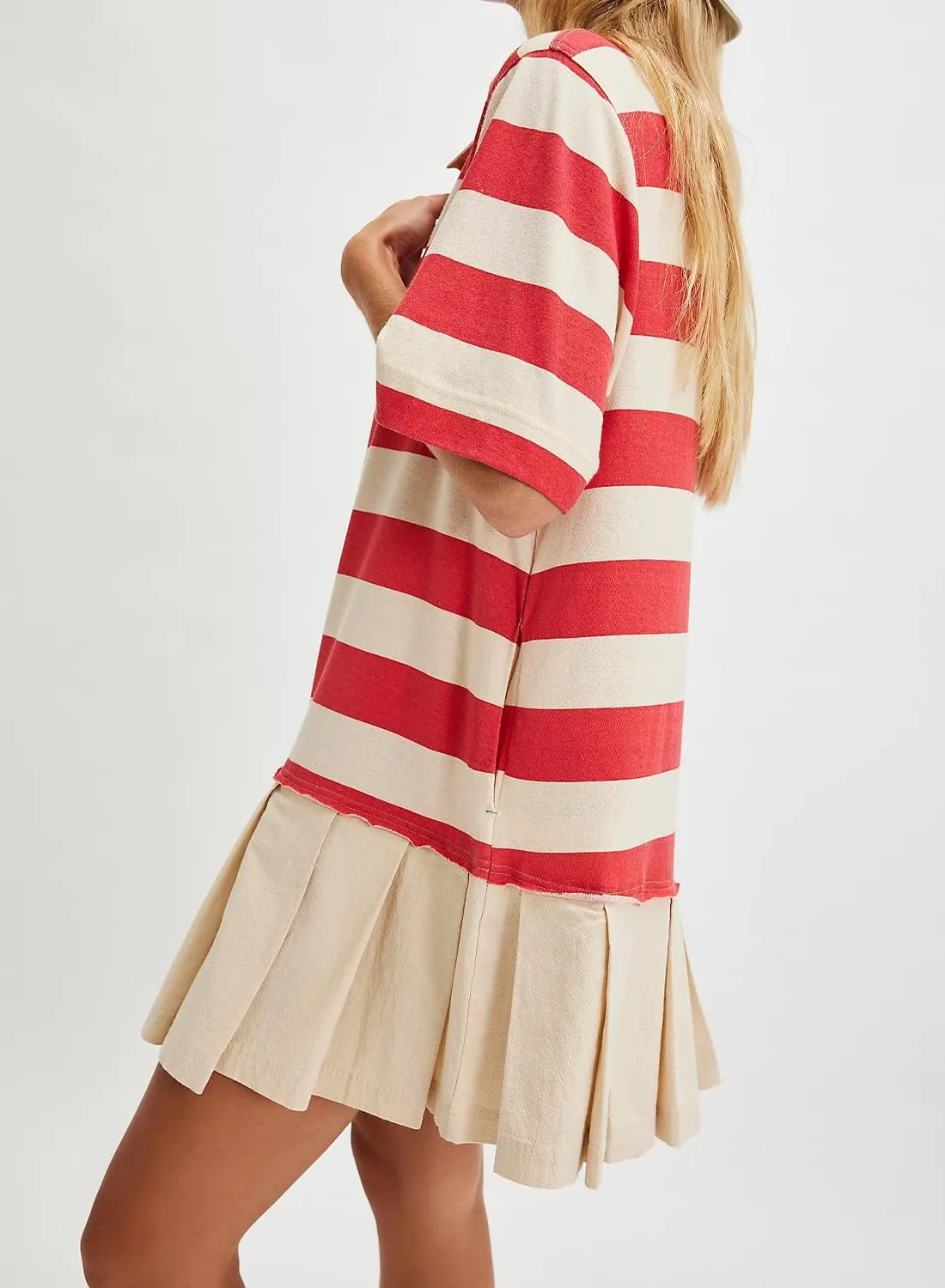 Womens Striped Dress Casual Button Up V Neck Dress Striped Shirt Pleated Skirt with Pockets