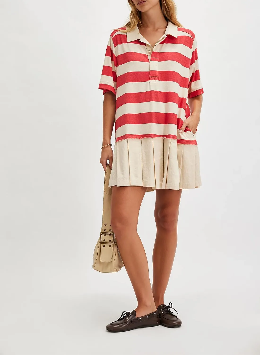 Womens Striped Dress Casual Button Up V Neck Dress Striped Shirt Pleated Skirt with Pockets