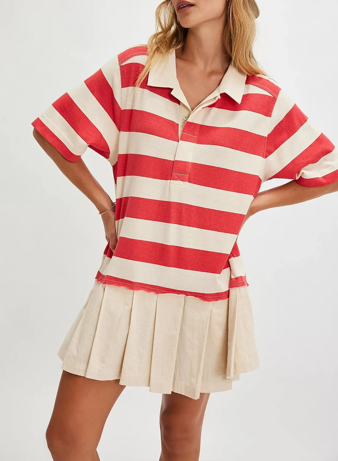Womens Striped Dress Casual Button Up V Neck Dress Striped Shirt Pleated Skirt with Pockets