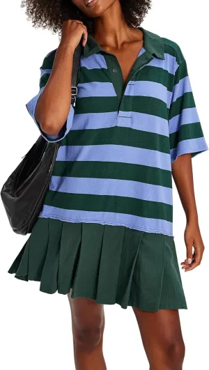 Womens Striped Dress Casual Button Up V Neck Dress Striped Shirt Pleated Skirt with Pockets