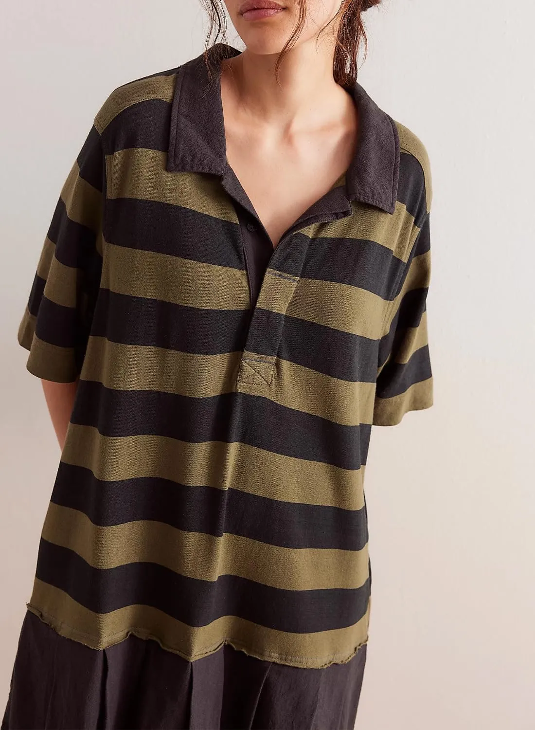 Womens Striped Dress Casual Button Up V Neck Dress Striped Shirt Pleated Skirt with Pockets