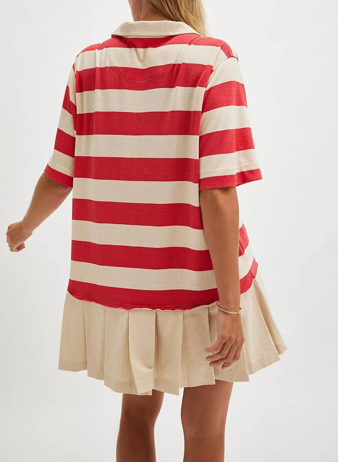 Womens Striped Dress Casual Button Up V Neck Dress Striped Shirt Pleated Skirt with Pockets
