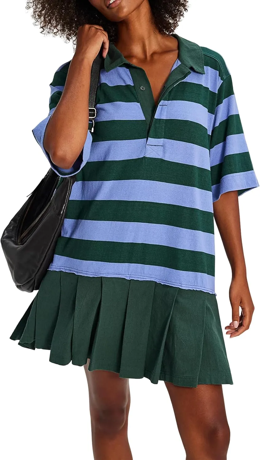 Womens Striped Dress Casual Button Up V Neck Dress Striped Shirt Pleated Skirt with Pockets