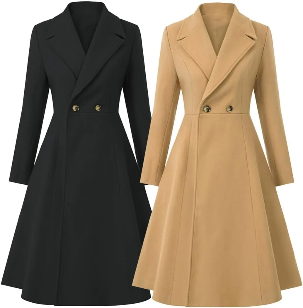 Women's Swing Double Breasted Coat Wool Blends Trench Jacket Long Sleeve Lapel Collar Winter Long Overcoat