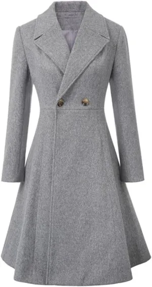 Women's Swing Double Breasted Coat Wool Blends Trench Jacket Long Sleeve Lapel Collar Winter Long Overcoat