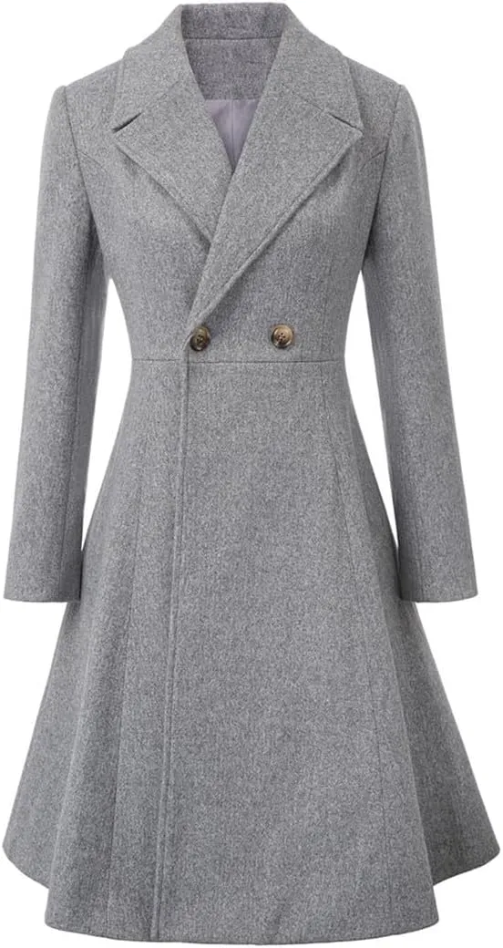 Women's Swing Double Breasted Coat Wool Blends Trench Jacket Long Sleeve Lapel Collar Winter Long Overcoat