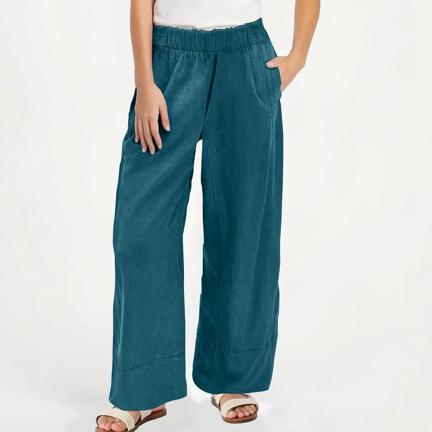 Womens Vintage Baggy Wide Leg Cotton Linen Pants Casual Summer Palazzo Trousers Lounge High Waist Pants with Pockets