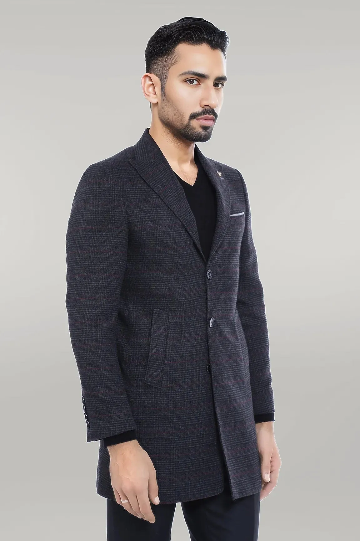 WSS Wide Pointed Collar Anthracitic Plaid Coat  - Singen