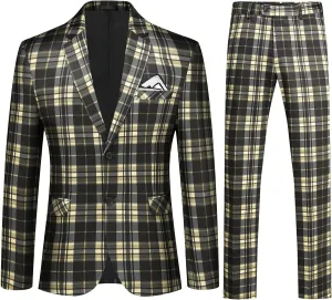 YFFUSHI Mens Slim Fit Suits 2 Piece Plaid Button Casual Formal Blazer Pants Set