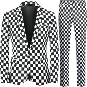 YFFUSHI Mens Slim Fit Suits 2 Piece Plaid Button Casual Formal Blazer Pants Set