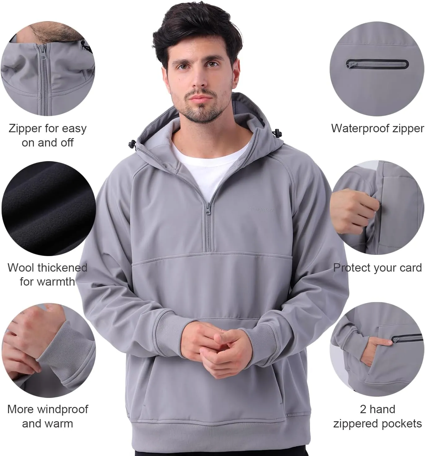 YINGJIELIDE Men's Rain Defender Loose Heavyweight Sweatshirt,Wind & Water Resistant Snow Jackets,Waterproof Fleece Hoodies