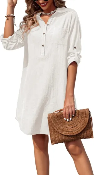 Zeagoo Women Summer Dress Cotton Linen Shirt Dress Button Down Tunic Dress Beach Cover Up Dress