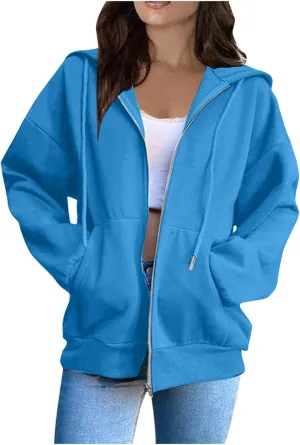 Zip Up Hoodie Women Long Sleeve Oversized Sweatshirt for Women Y2k Jacket with Pockets Fall Clothes 2024
