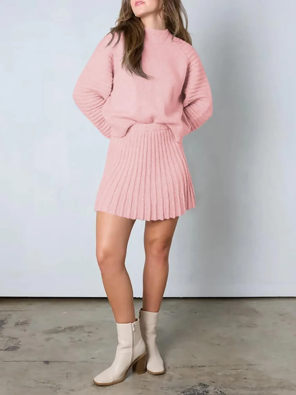 Zwurew Women's 2 Piece Outfits 2025 Long Sleeve Mock Neck Ribbed Sweaters and Mini Skirt Two Piece Sets
