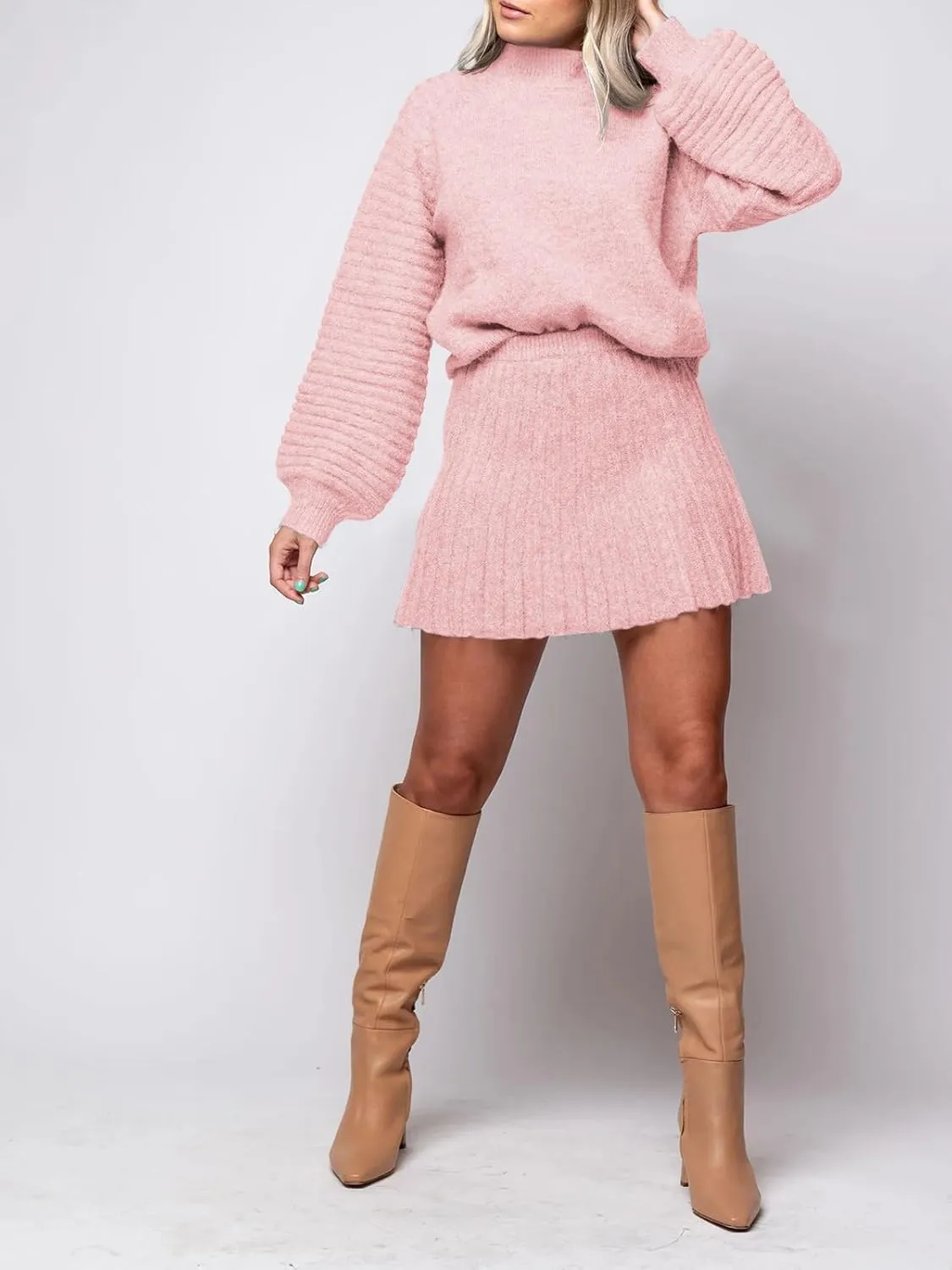 Zwurew Women's 2 Piece Outfits 2025 Long Sleeve Mock Neck Ribbed Sweaters and Mini Skirt Two Piece Sets