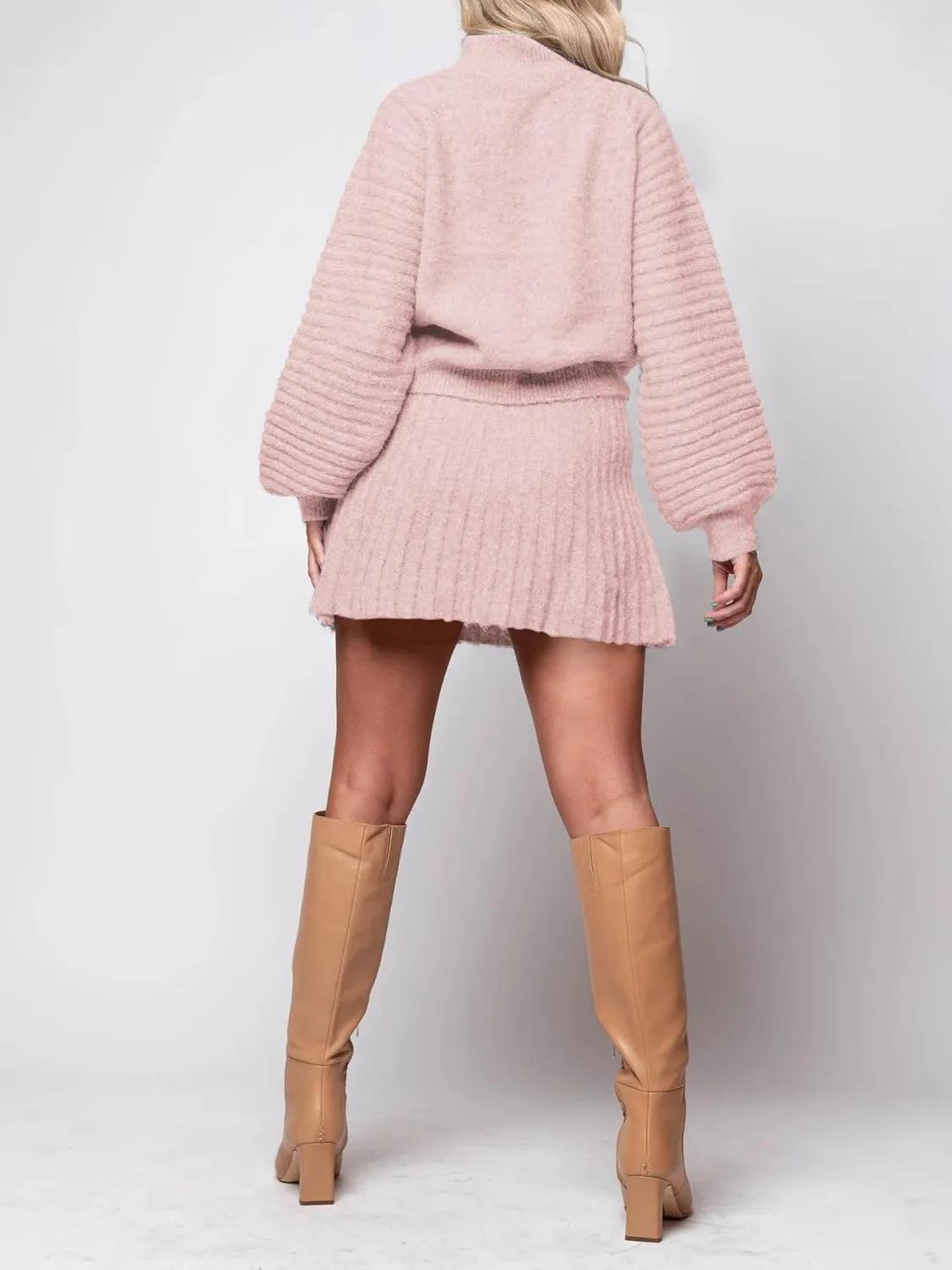 Zwurew Women's 2 Piece Outfits 2025 Long Sleeve Mock Neck Ribbed Sweaters and Mini Skirt Two Piece Sets